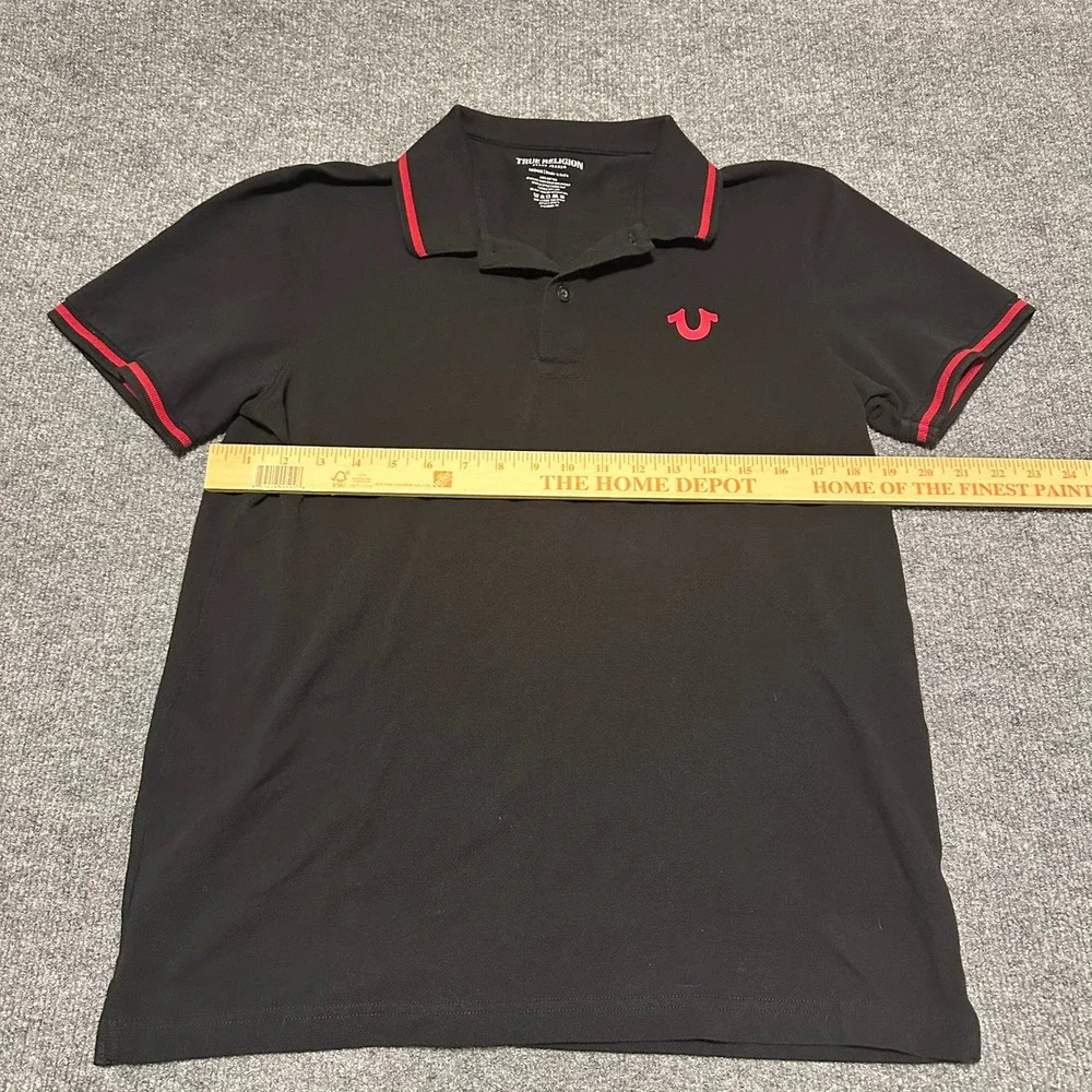 True Religion Mens Black Red Graphic Logo Short Sleeve Polo Shirt Medium 103071